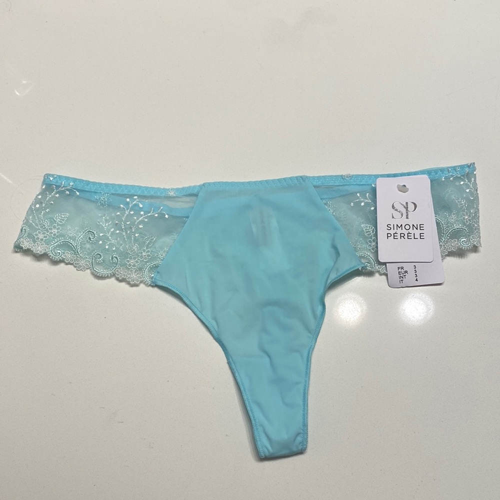 Simone Perele Light Turquoise Embroidered Lace Thong Medium “3”